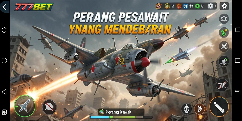 Antarmuka permainan 777BET dengan berbagai pesawat tempur di layar.