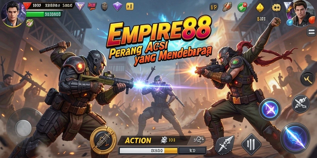 Tampilan antarmuka EMPIRE88 dengan aksi pertempuran yang epik dan karakter beragam.